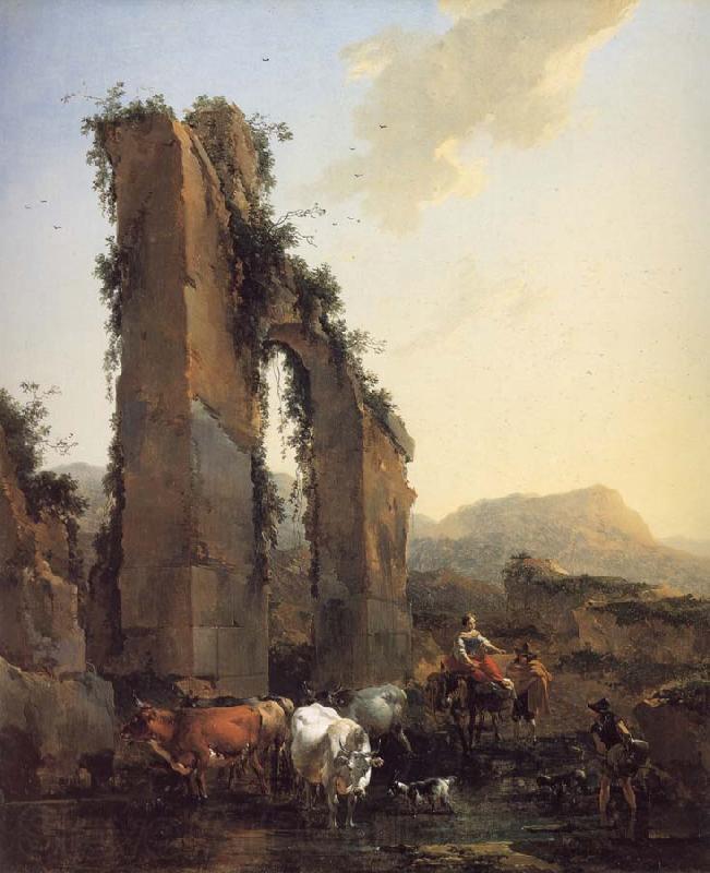 BERCHEM, Nicolaes Peasants with Four Oxen and a Goat at a Ford by a Ruined Aqueduct Norge oil painting art